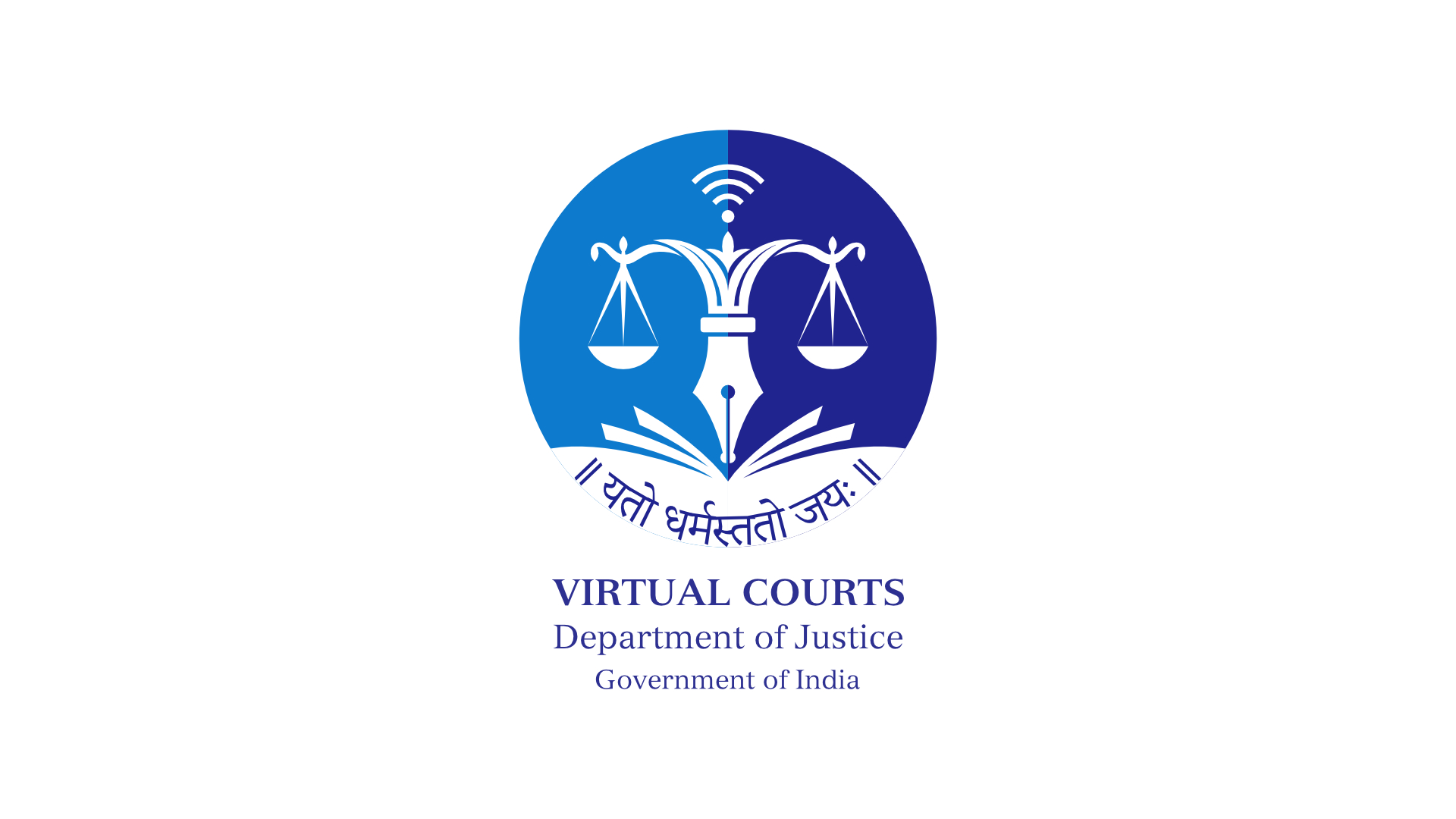 The logo is a visual expression of conducting virtual court sessions.The Network symbol is integrated within â€˜Vâ€™ illustrating the â€˜virtual courtâ€™ concept. 
The motto || à¤¯à¤¤à¥‹ à¤§à¤°à¥à¤®à¤¸à¥à¤¤à¤¤à¥‹ à¤œà¤¯: ||  is placed below the graphic form, completing the full circle.